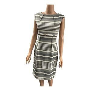 Calvin Klein - EC - Gray and White Sheath Midi Dress Sleeveless Bateau